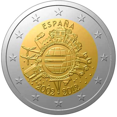 Hispaania 2 Eurot 2012a. 10 astat Euroraha (UNC)