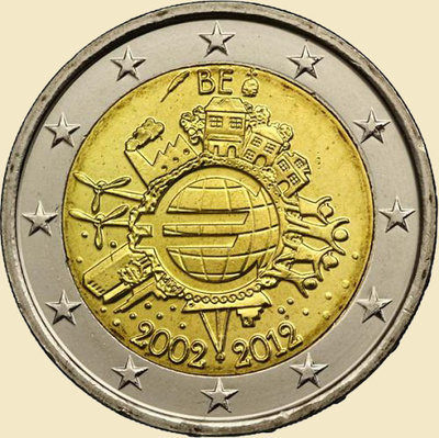 Belgia 2 Eurot 2012a. 10 astat Euroraha (UNC)